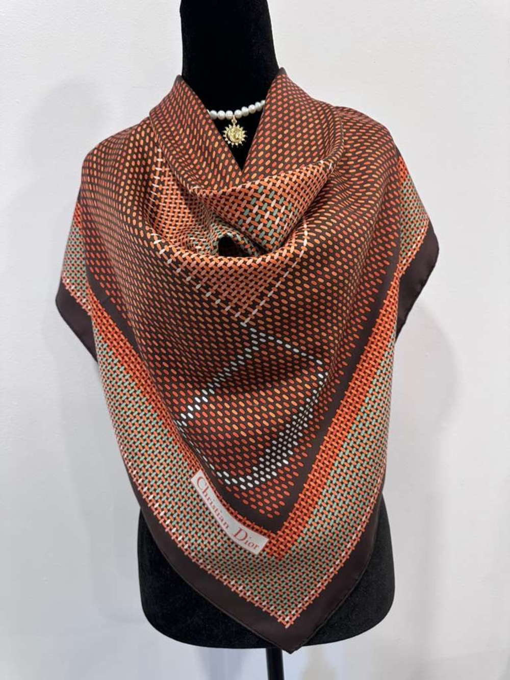 Christian Dior Silk Scarf Brown Hand Rolled